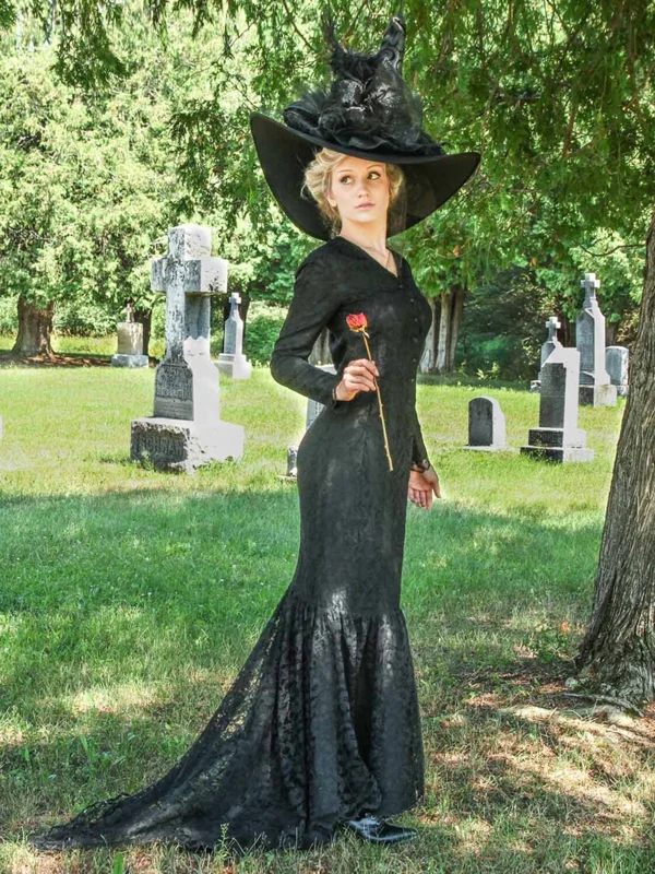 Halloween Solid Color V-Neck Long-Sleeved Maxi Dress