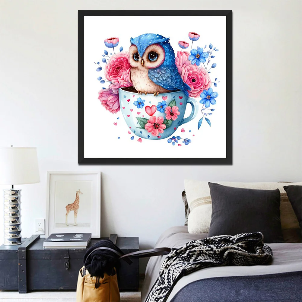 Full Round Diamond Painting 30*30cm - Blue Flowers Owl