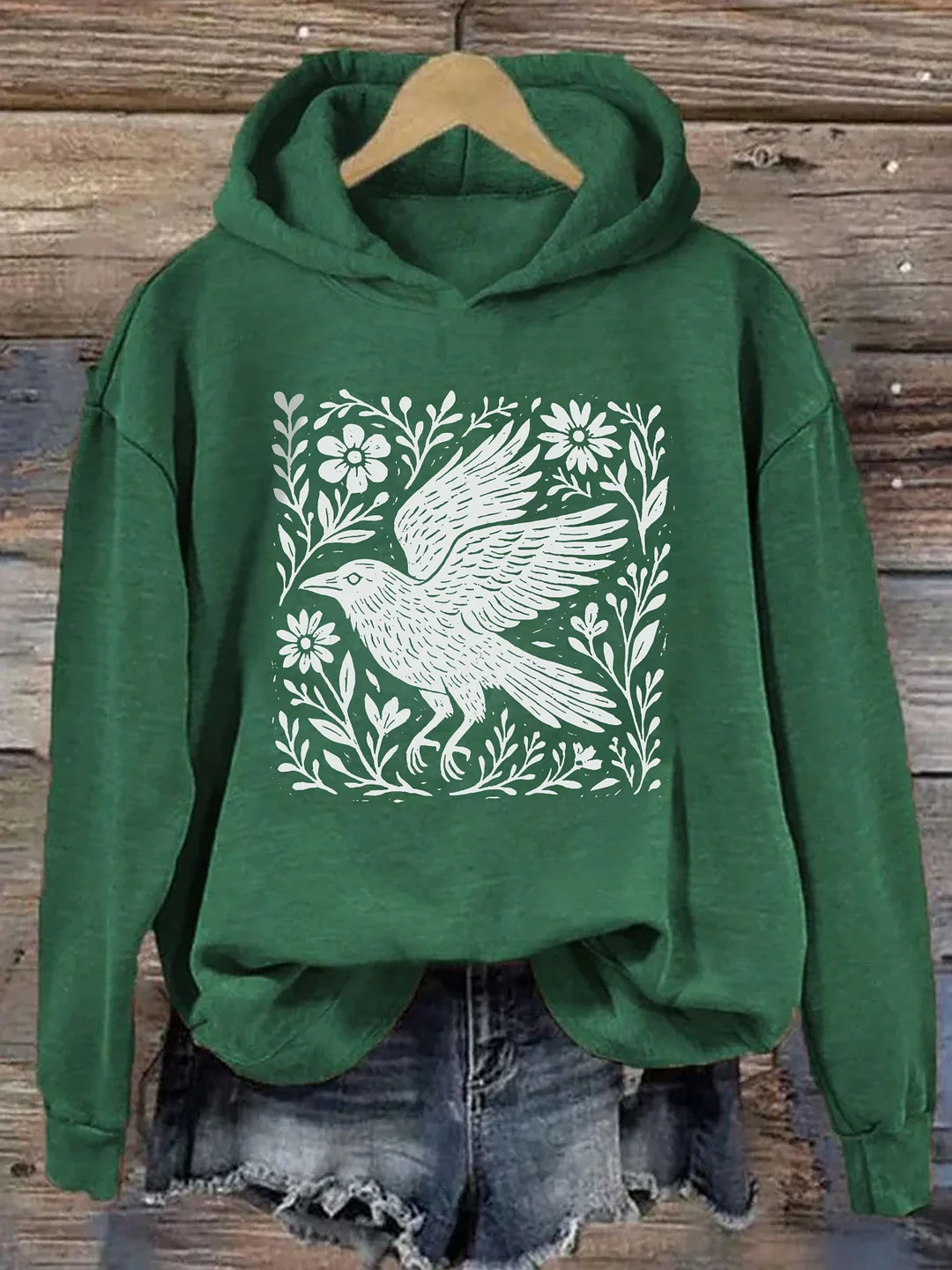Folklore Forest Crow Lino Print Hoodie