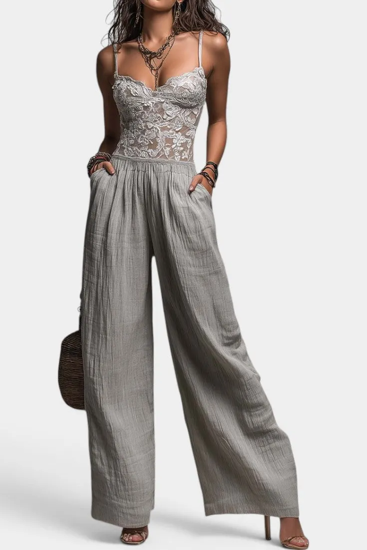Lace Bodice Jumpsuit with Flowing Wide-Leg Trousers
