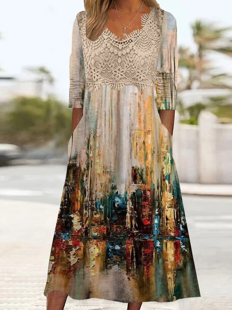 Women's Long Sleeve V-neck Graphic Printed Lace Stitching Midi Dress