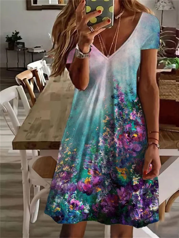 Abstract Floral Oil Painting V Neck Midi Dress
