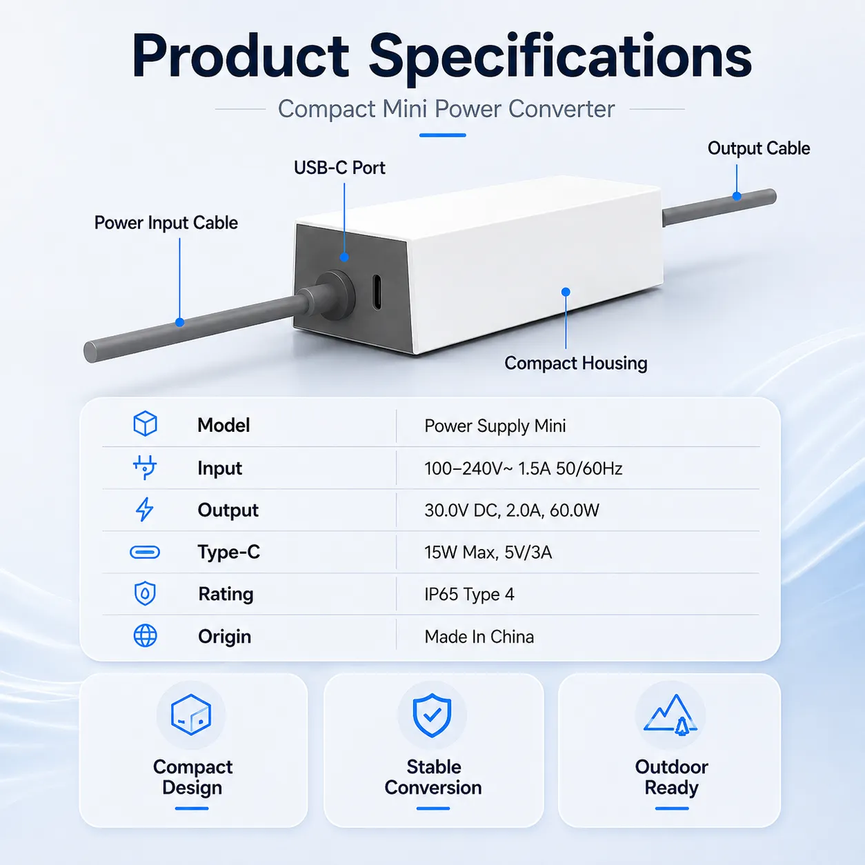 Starlink Mini 60W power adapter specifications input 100-240V output 30V 2A USB-C 15W IP65 Type 4