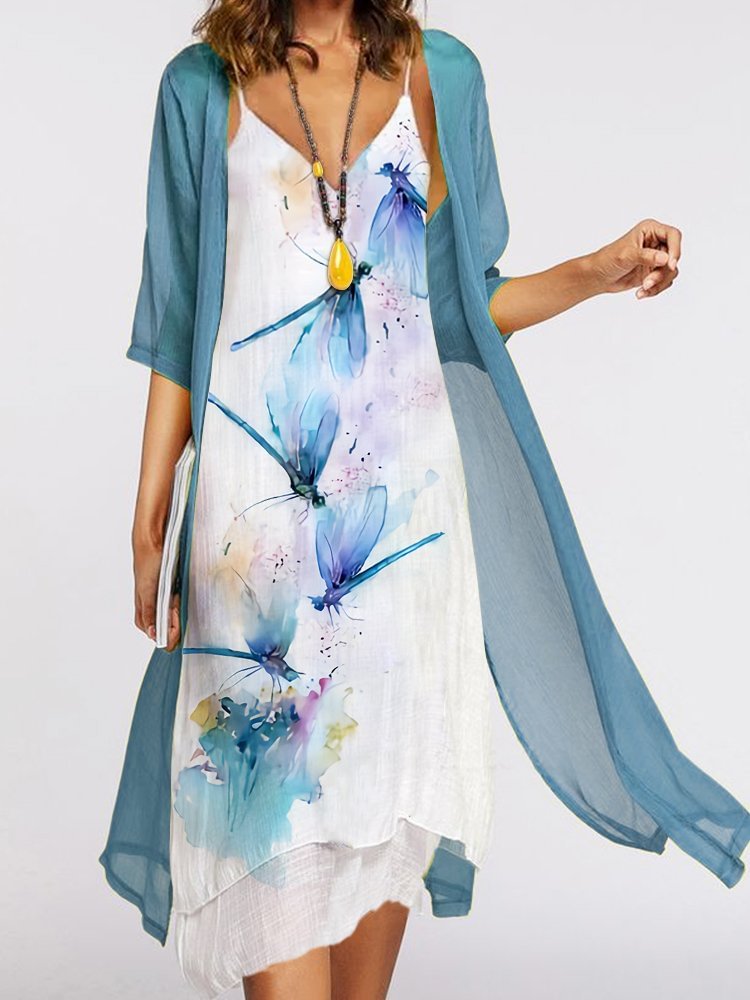Casual Dragonfly Print V Neck Two-Piece Midi Dress