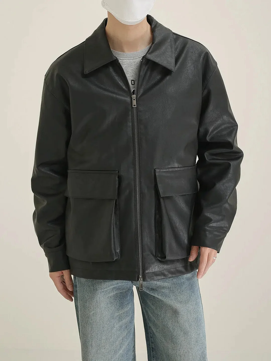 Aonga Large Pocket Black Leather Jacket