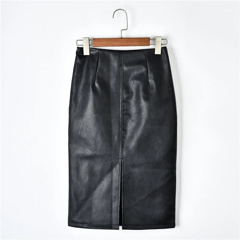 Solid Black Leather Skirt Women 2021 New Split Plus Size PU Leather Woman Skirts Casual High Waist Pencil Mini Skirt Faldas 9671