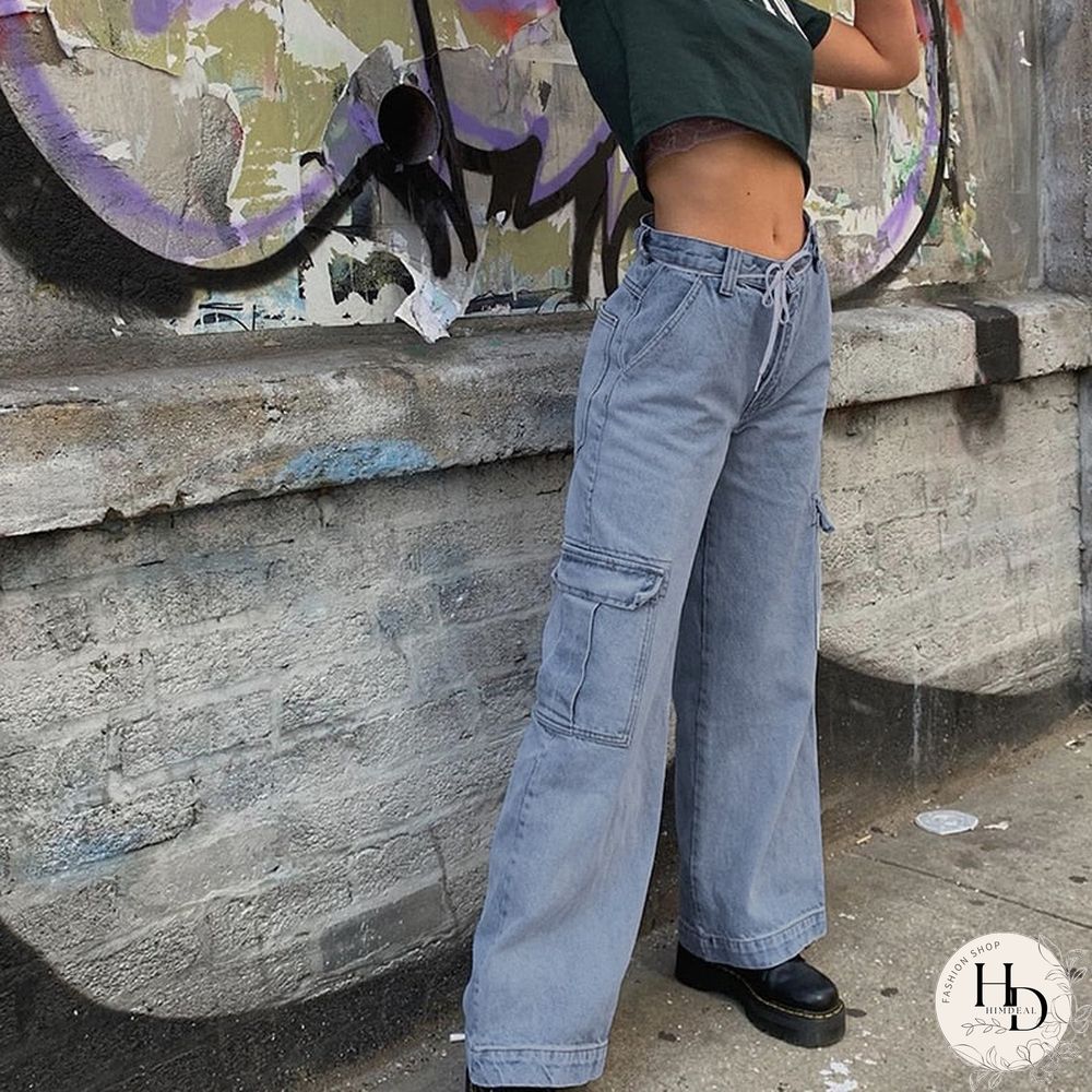 High waist jeans women streetwear straight leg jeans women blue 100 cotton cargo pants