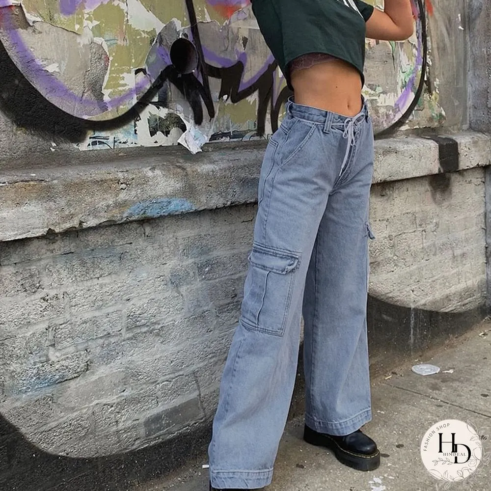 High waist jeans women streetwear straight leg jeans women blue 100 cotton cargo pants