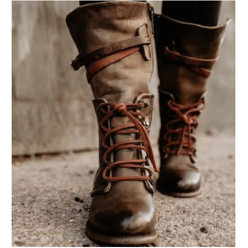VCSHOES Leather Chunky Heel Mid Calf Boots