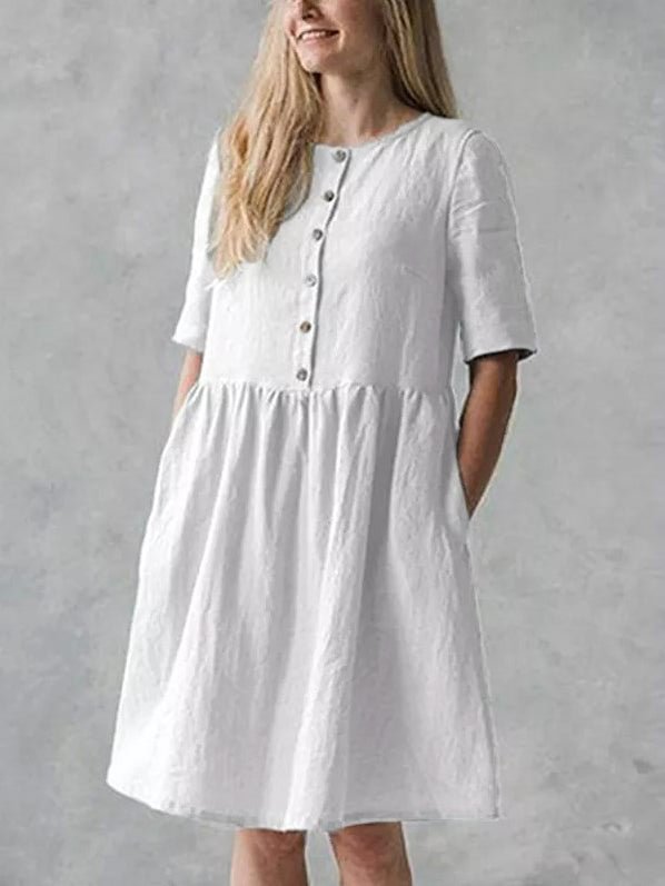 Loose Round Neck Short Sleeve Solid Color Linen Dress