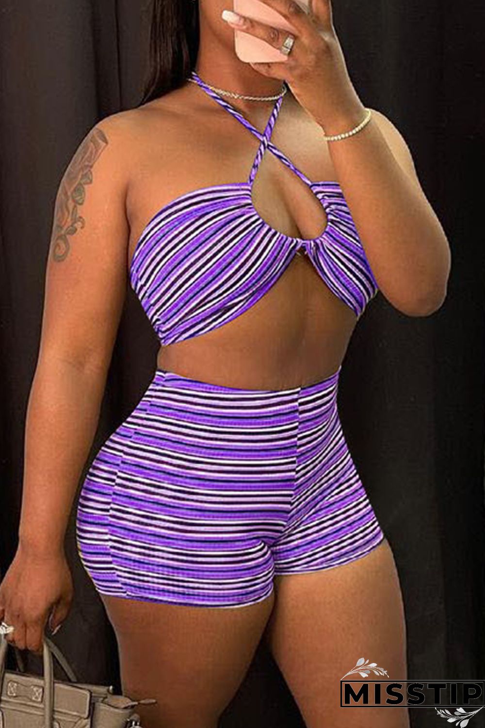 Pale Red Fashion Sexy Striped Print Hollowed Out Backless Halter Sleeveless Two Pieces