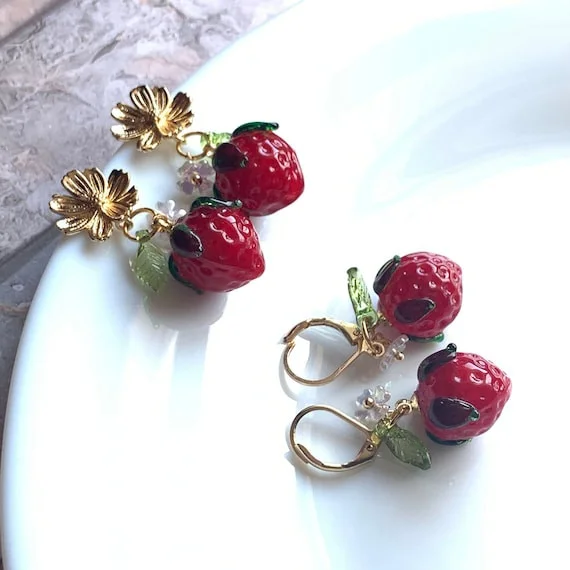 Fruit Earrings Strawberry Earrings Glass