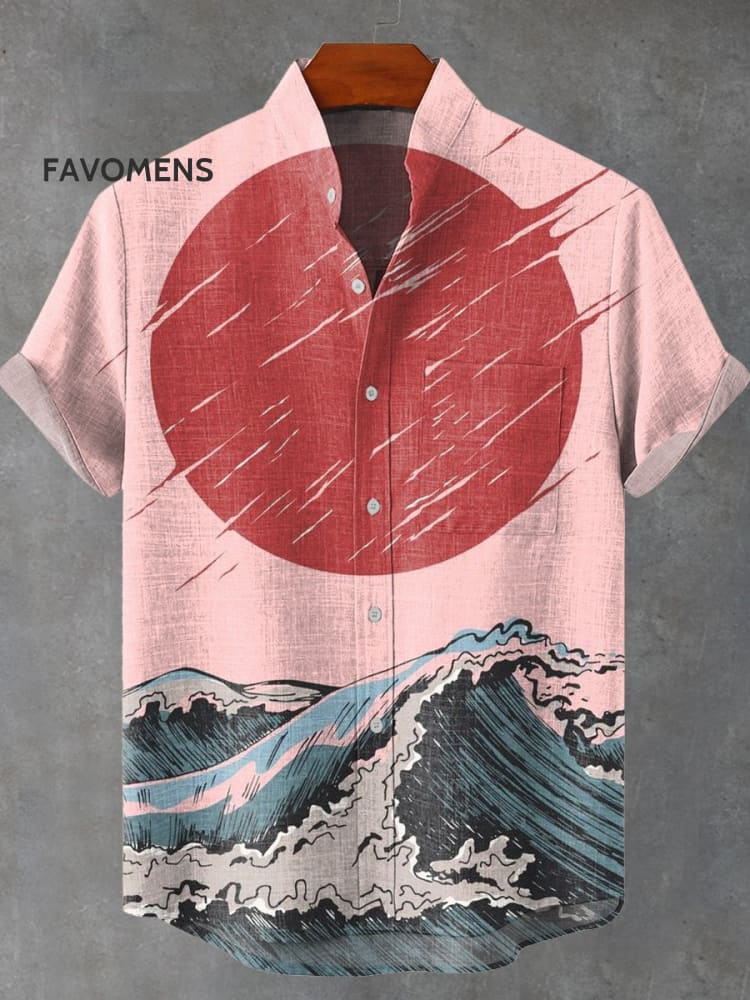 Vintage Japanese Art Wave And Red Sun Print Casual 100% Cotton Shirt Multicolor / S