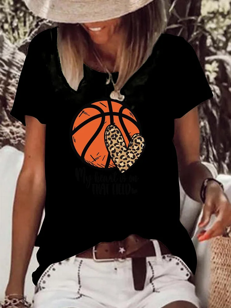 Baketball Mom My Heart is on That Field Raw Hem Tee-Annaletters