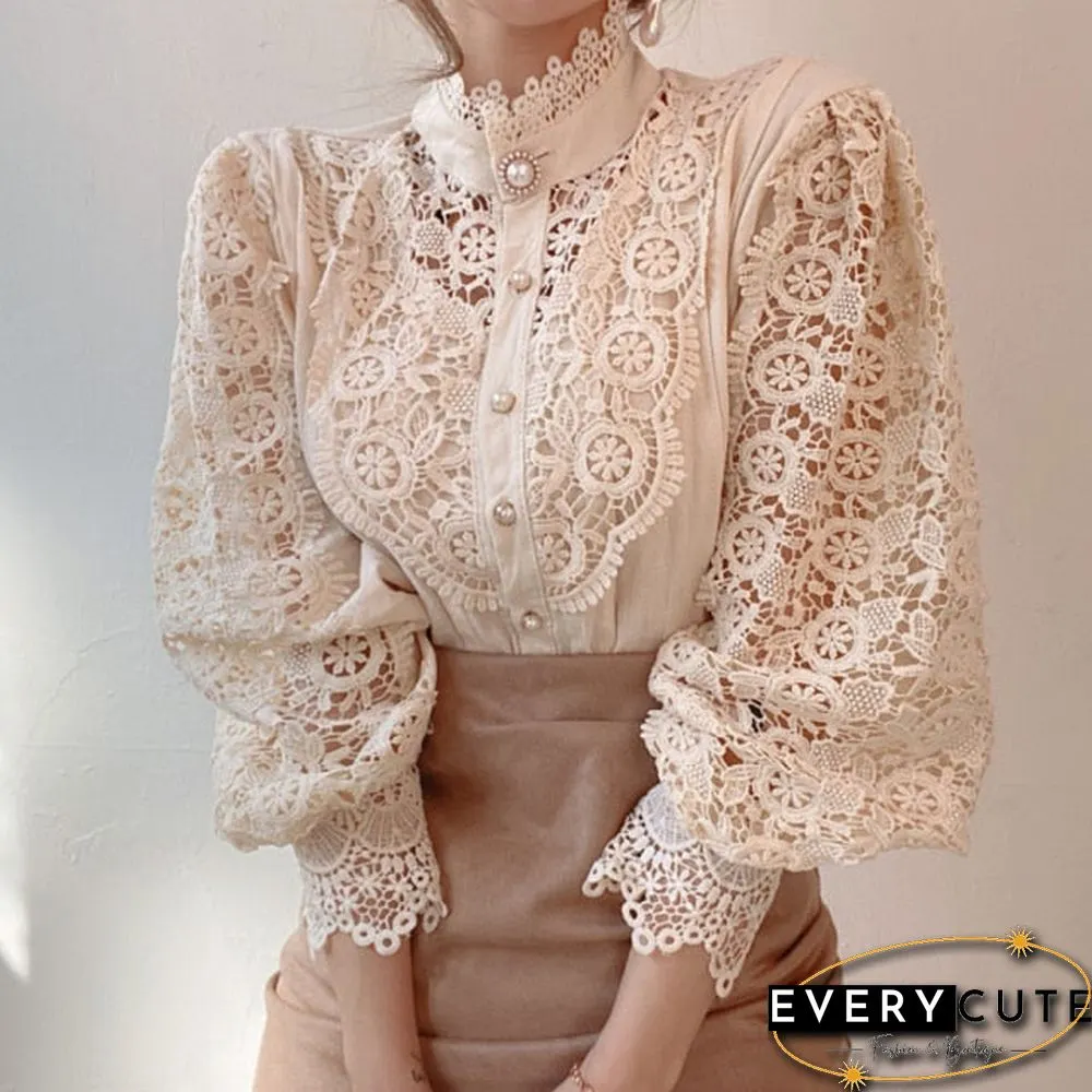 Womens Sexy Lace Patchwork Hollow Out T-Shirt Long Sleeve Crew Neck Button Mesh Design