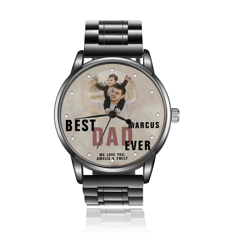 Personalized Photo Watch Engraved Text Black Fashion Watch Gifts for Father