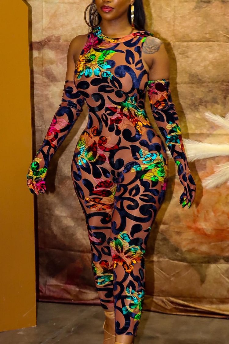 Xpluswear Plus Size Party Mesh Floral Print Jumpsuits (With Gloves)