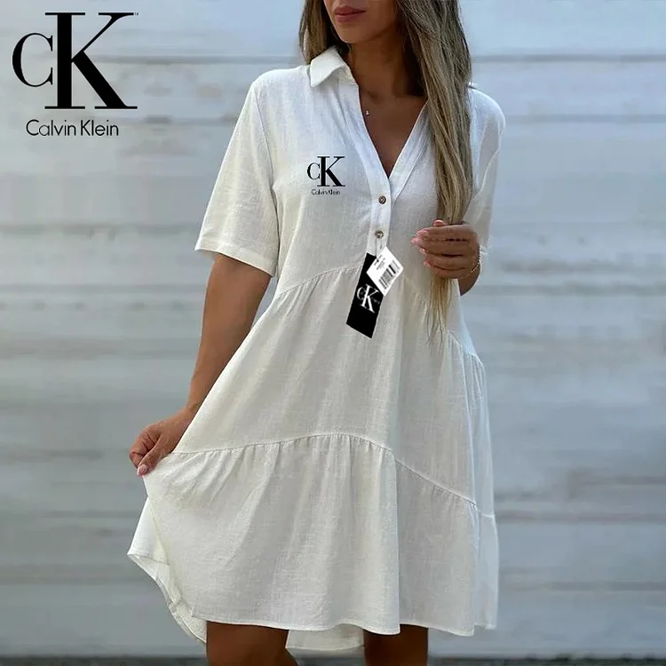 Dámske voľné, rovné, ležérne, bavlnené a ľanové šaty s krátkym rukávom a zavinovacím vzorom CALVIN KLEIN®