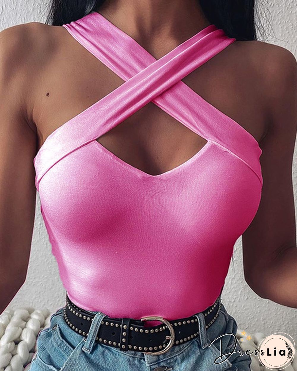 New Arrival Women Fashion Sexy Coss Design Sleeveless Solid Color Causal Cotton Tops