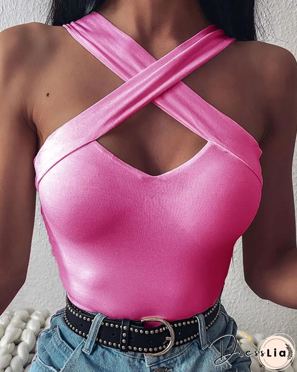 New Arrival Women Fashion Sexy Coss Design Sleeveless Solid Color Causal Cotton Tops