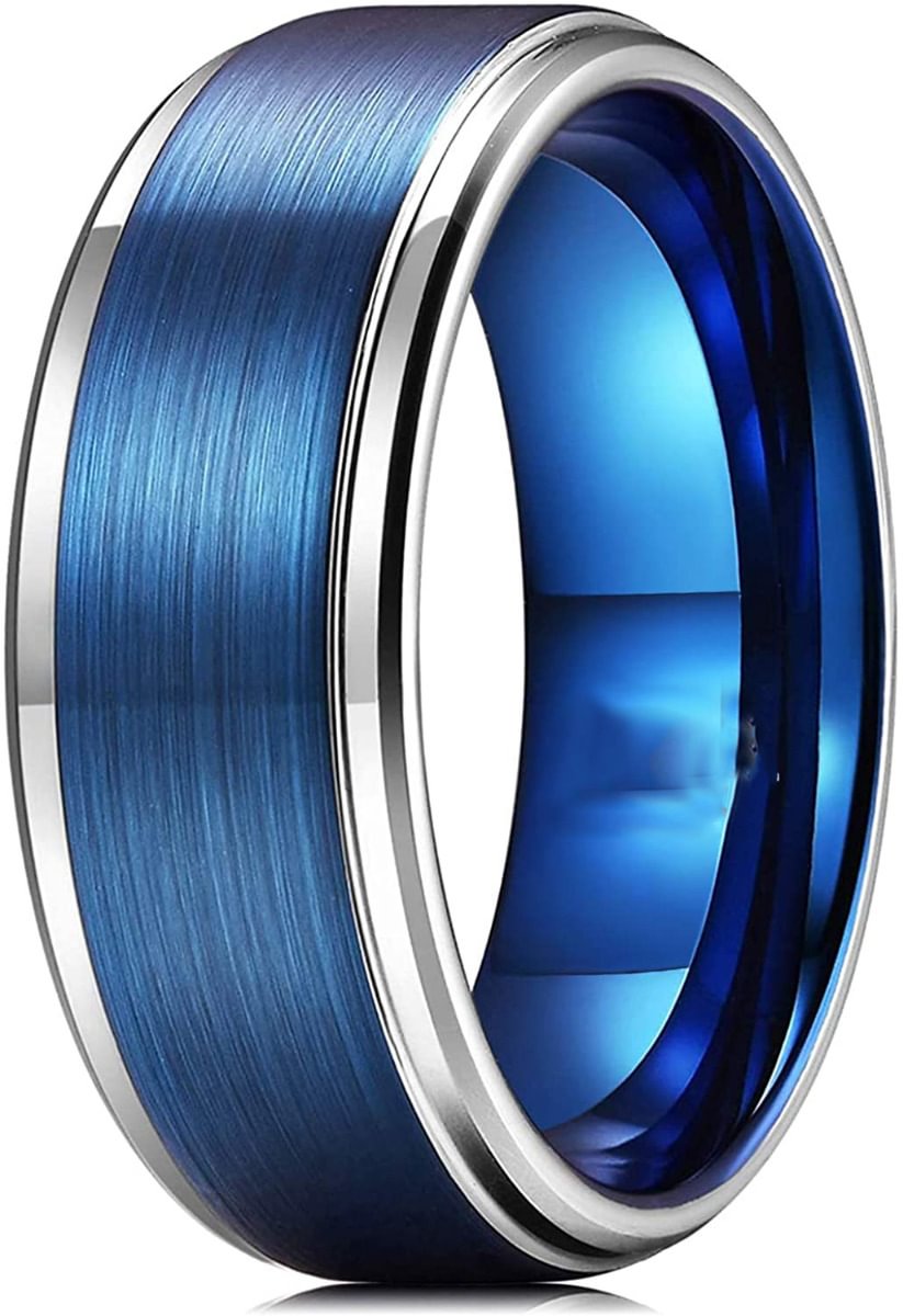 6/8MM Women's Or Men's Brushed Blue Tungsten Carbide Rings Silver Polished Beveled Edge Wedding Bands Carbon Fiber Ring Custom