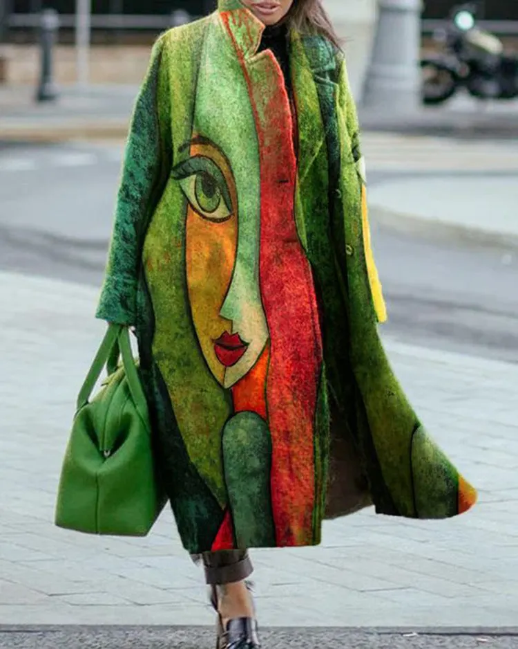 Brownm Autumn Long Sleeve Collar Printed Woolen Coats