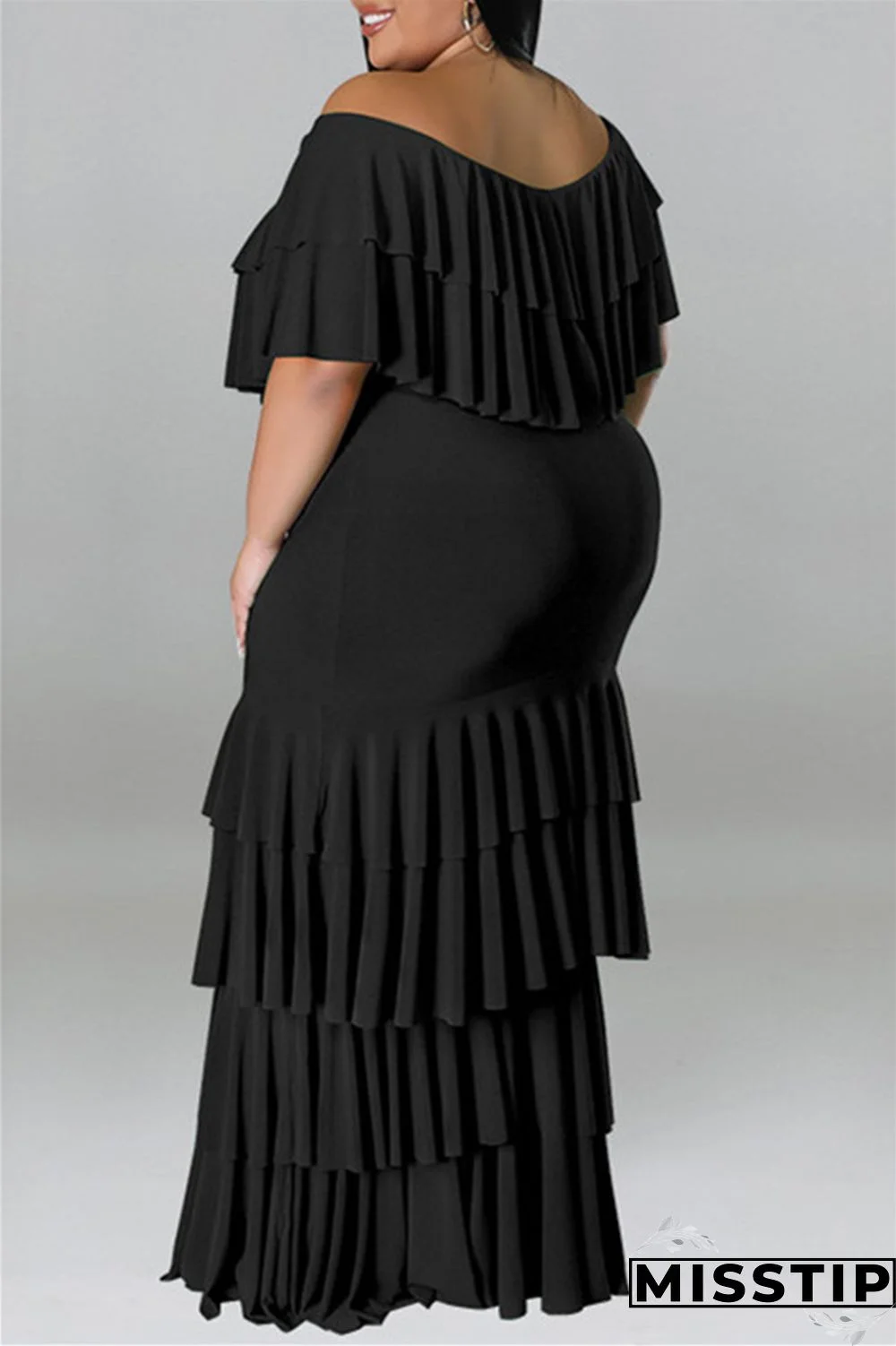 Black Fashion Casual Plus Size Solid Patchwork O Neck Short Sleeve Dress