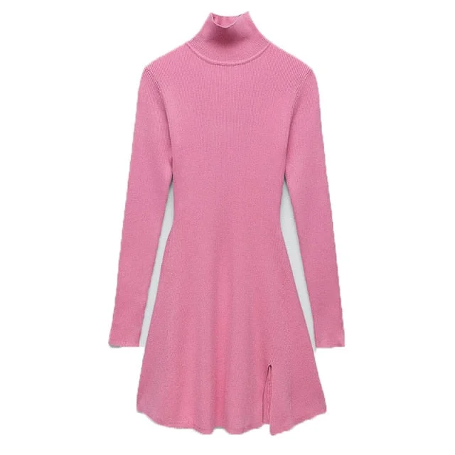 Fashion Chic Pink Side Split Slim Knitted Mini Dress