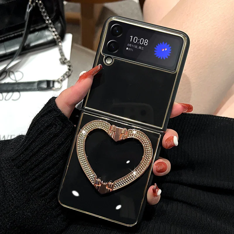 Suitable For Samsung Z flip3/4 Folding Heart Diamond Inlaid Mobile Phone Case