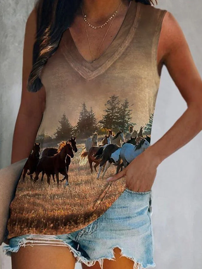 V-Neck Horse West Print Tank Top