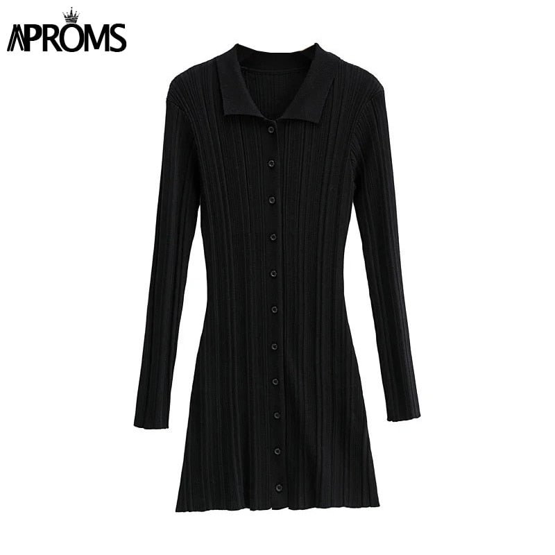 Aproms Elegant Green Thick Ribbed Knitted Shirt Dress Women 2022 Spring Buttons Long Sleeve Stretch Bodycon Short Mini Dresses