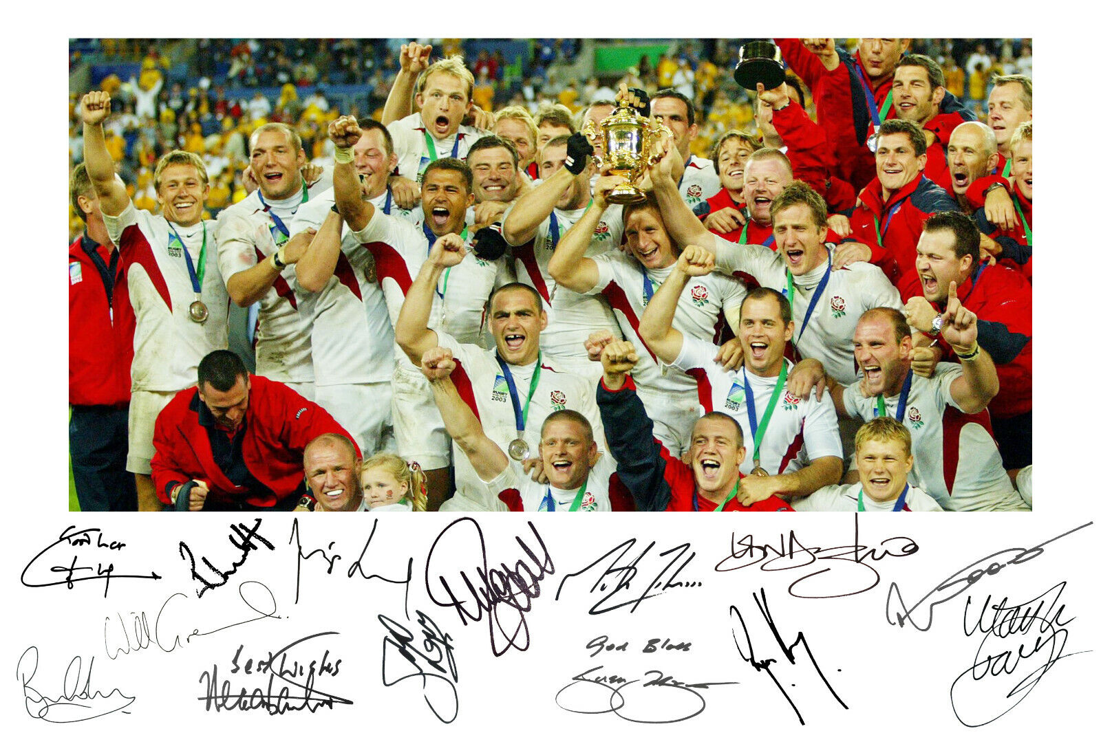 England 2003 Rugby World Cup Squad Signed A4 Autograph Photo Poster painting Print