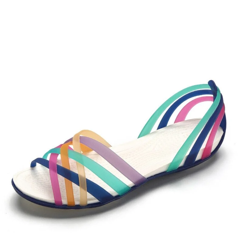 Women Rainbow Jelly Sandals Candy Color Peep Toe Female Flat Beach Shoes Slip On Slides Casual Ladies Summer Footwear