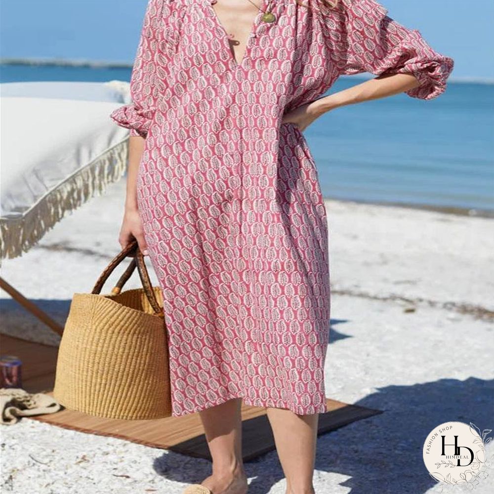 Women Serried Pattern Button Pink Dress