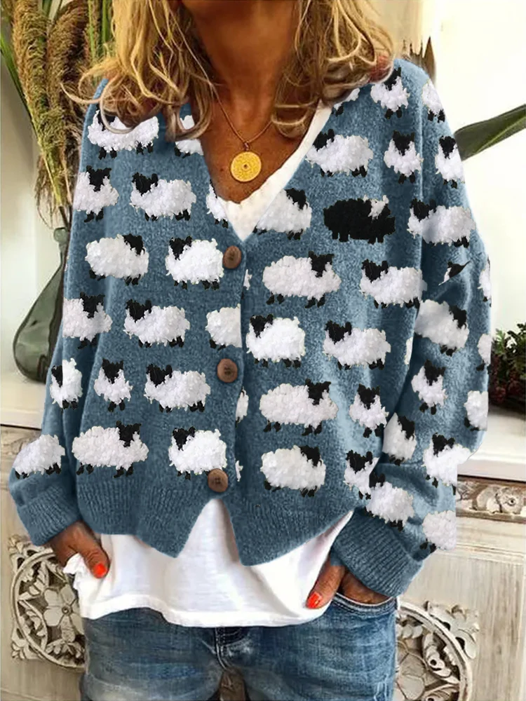 VChics Vintage Sheep Fleece Pattern Cozy Knit Cardigan