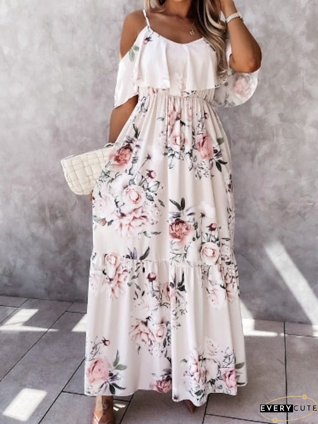 Casual Dress Swing Dress Long Dress Maxi Dress Red flower Apricot flower Short Sleeve Flower Spring Summer Off Shoulder S M L XL 2XL for Women