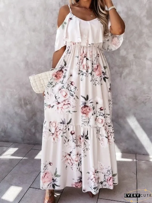 Casual Dress Swing Dress Long Dress Maxi Dress Red flower Apricot flower Short Sleeve Flower Spring Summer Off Shoulder S M L XL 2XL for Women