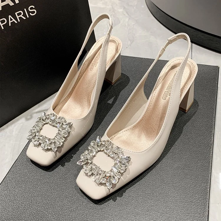 Wongn Wongn Summer New Fashion Baotou Square Head Diamond Square Buckle Set High Heel Sandals Thick Heel Women's Shoes