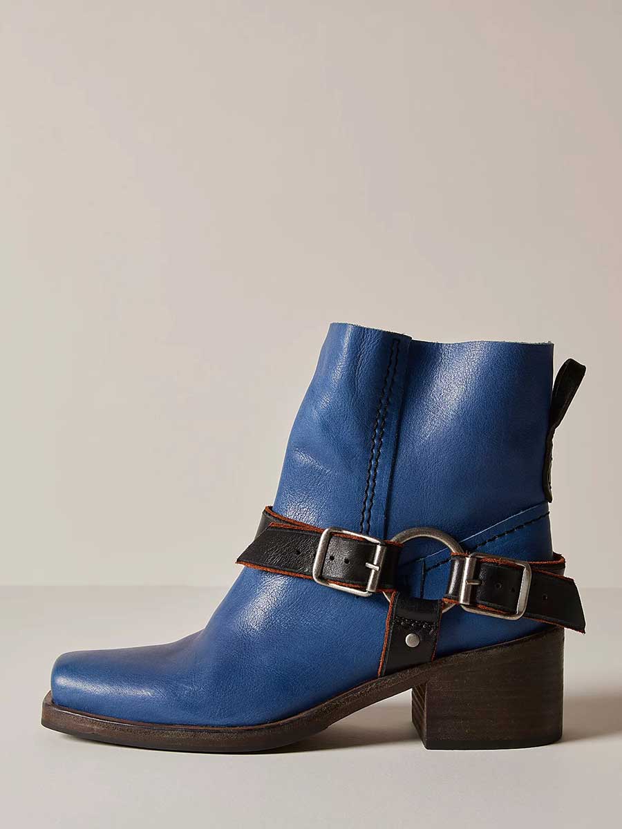 Blue Vegan Leather Square Toe Studded Ankle Boots with Block Heel
