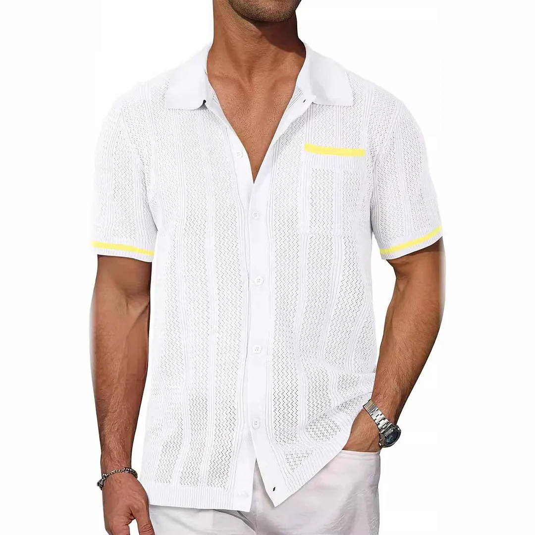 Mongw Mongw Men's New Summer Short-Sleeved Shirt Pocket Hollow Out Breathable Cool Summer Men's Casual Top Cardigan