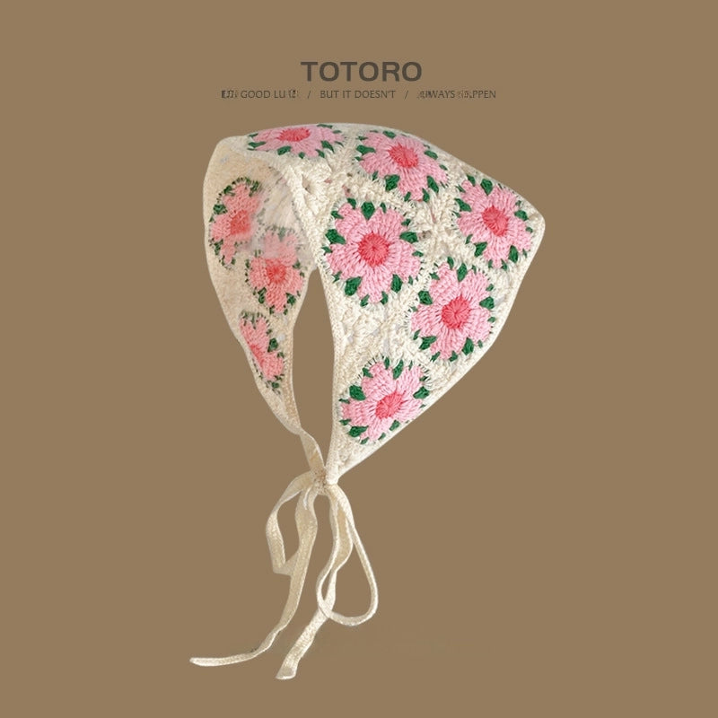 French Retro Turban Women’s Triangle Scarf Hair Belt Spring And Summer Travel Sweet Cute Handmade Crochet Artistic Style Baotou Hat