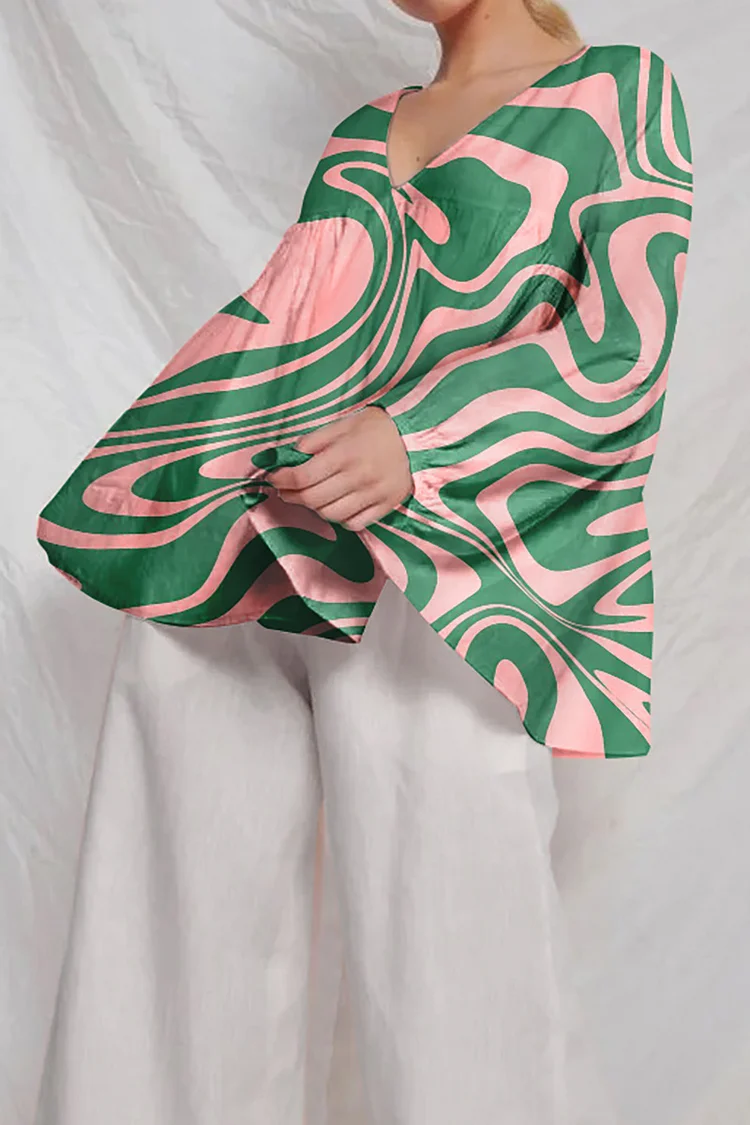 Deep V Neck Long Puff Sleeve Green Printed Linen Top [PRE-ORDER]