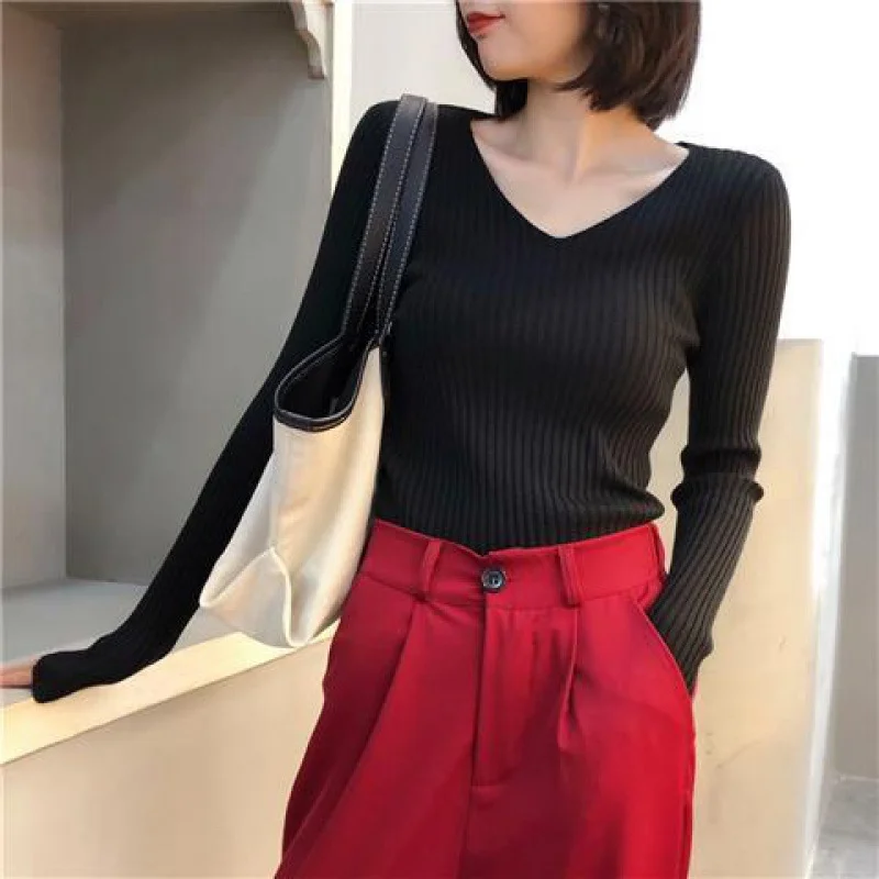 Uveng Uveng Women Wear Clothes Korean Version Of The Body V Collar Knitted Small Shirt Students Tight Bottom Shirt T-Shirt