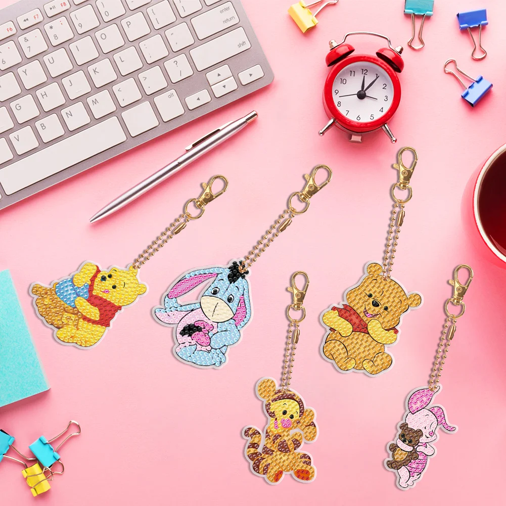 5pcs Winnie-the-Pooh DIY Diamond Art Key Rings Cartoon Keychain Supplies Gift for Kids(Double Sided)