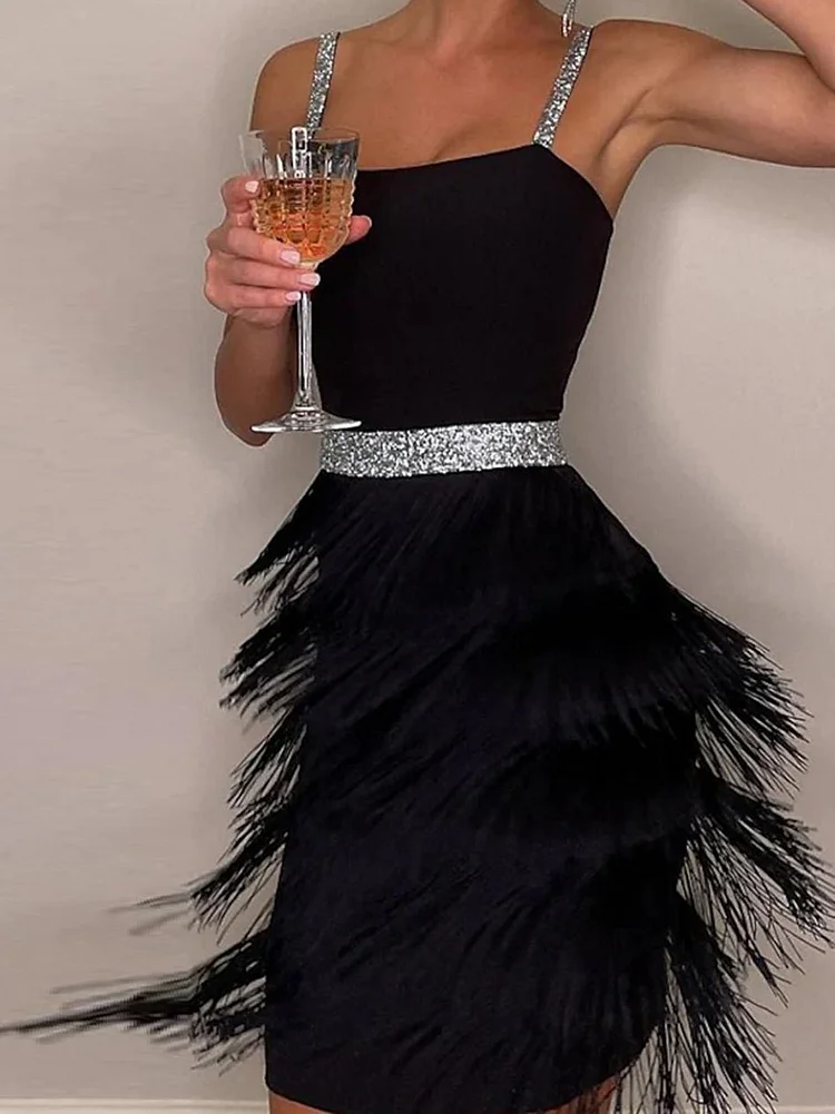 Women's Dresses Shiny Sling Fringe Mini Dress Party Sexy Dress