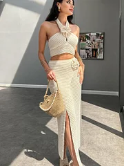 Eslicerpro Knitted 3D Crochet Flower Skirt Sets For Women 2Pcs Halter Backless Crop Tops Elegant Women's Set Split Bodycon Sexy Beach Skirt