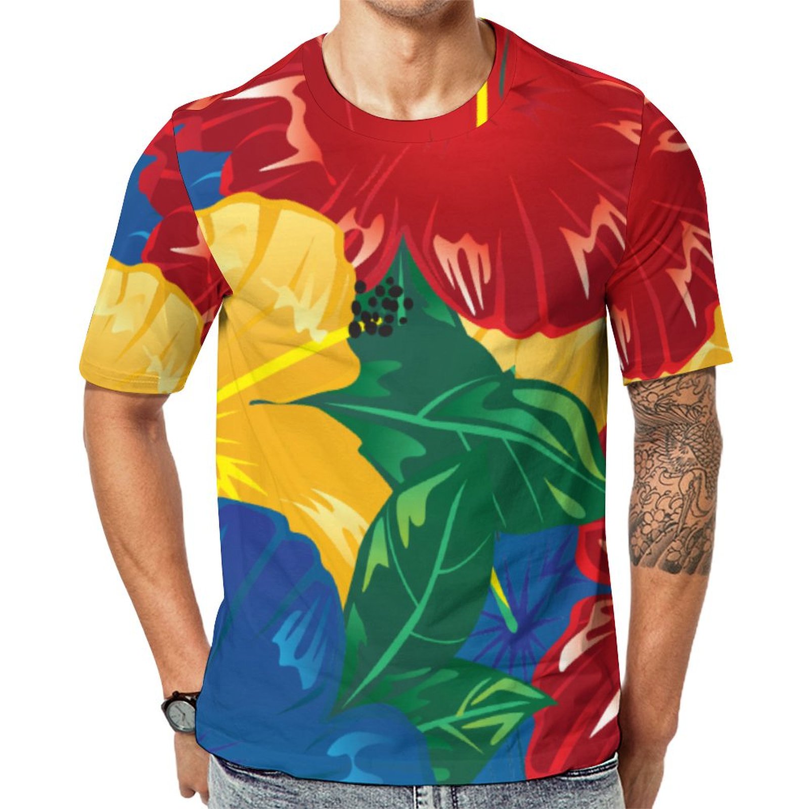 Tropical Red Yellow Hibiscus Exotic Flowers Short Sleeve Print Unisex Tshirt Summer Casual Tees for Men and Women Coolcoshirts