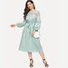 SHEIN Turquoise Lace Yoke Pearl Beading Lantern Sleeve Belted Long Dress Spring Women Solid Laser Cut Hollow Out Midi Dresses