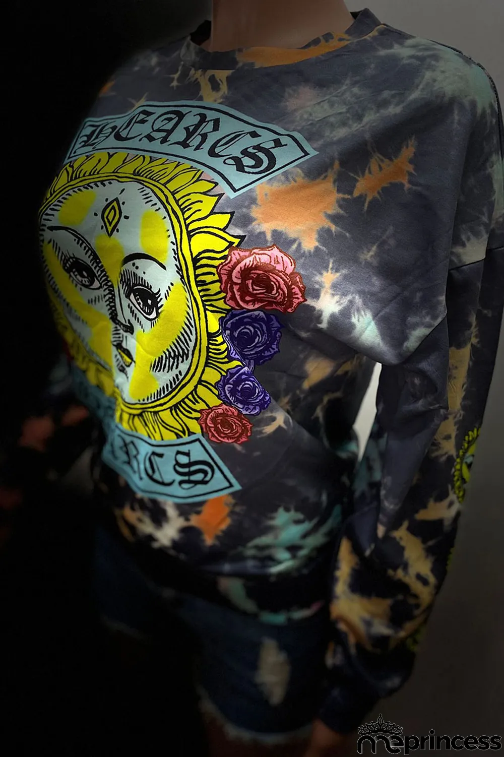 Grey Casual Blending Print Split Joint Tie-dye O Neck Tops