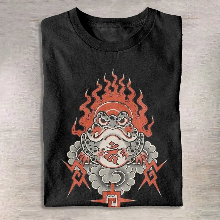 Flame Frog Standing On Thundercloud Japanese Style Print T-shirt
